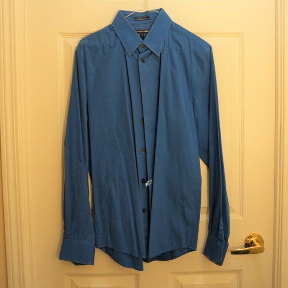 Express 1MX Mens Modern Fit Stretch Cotton Slim Solid Dress Shirt in Teal Medium - Picture 2 of 4